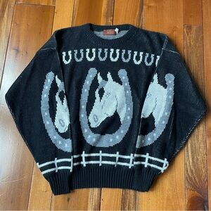 Vintage Horse Shoe Black and White Knit Crewneck Sweater